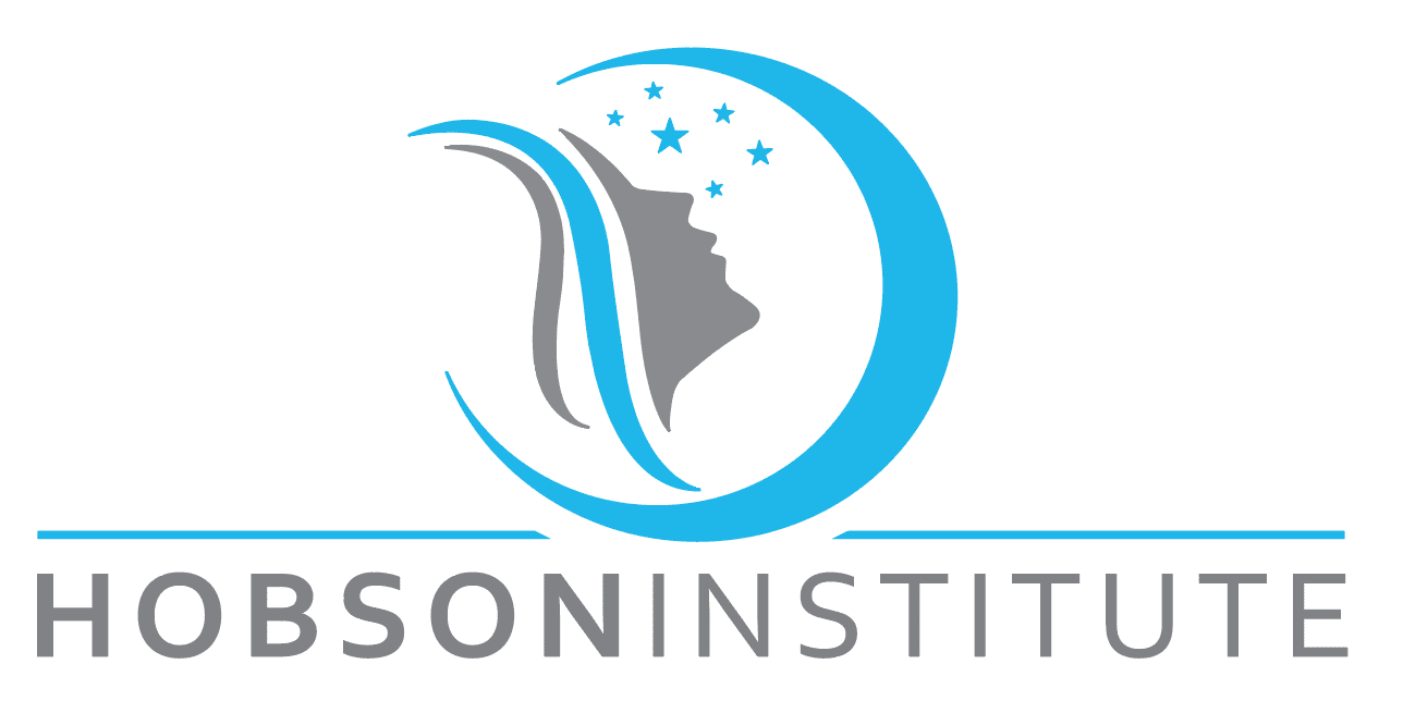 Hobson Institute logo featuring a woman's face profile silhouette in a blue crescent moon with stars above, and text 'HOBSONINSTITUTE'